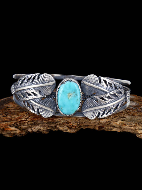 Navajo Sterling Silver Turquoise Feather Cuff Bracelet - PuebloDirect.com