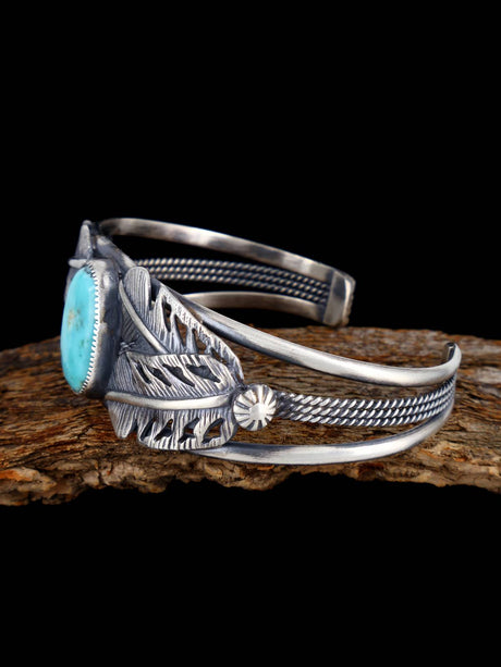 Navajo Sterling Silver Turquoise Feather Cuff Bracelet - PuebloDirect.com