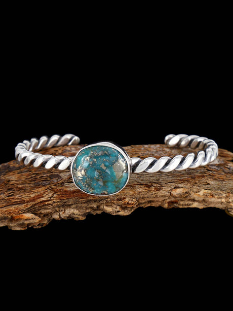 Navajo Turquoise Twisted Sterling Silver Cuff Bracelet - PuebloDirect.com