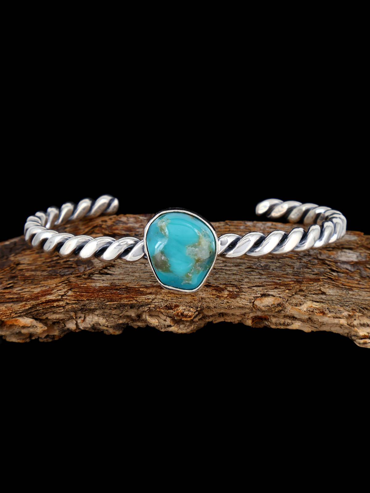 Navajo Turquoise Twisted Sterling Silver Cuff Bracelet - PuebloDirect.com