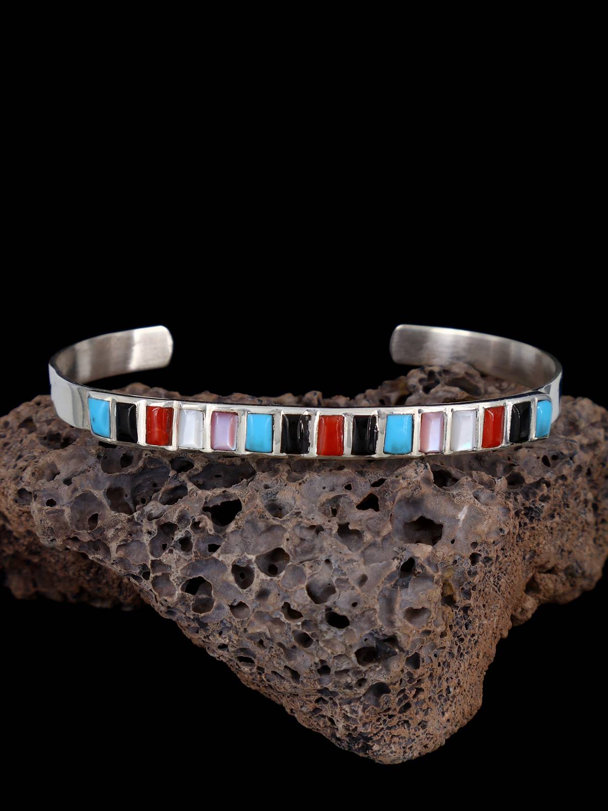 Native American Sterling Multistone Zuni Inlay Cuff Bracelet - PuebloDirect.com