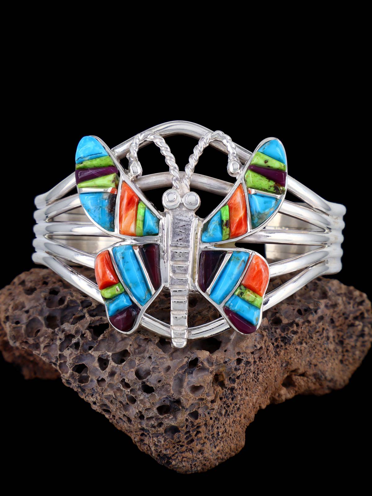 Native American Jewelry Cobblestone Inlay Butterfly Cuff Bracelet - PuebloDirect.com