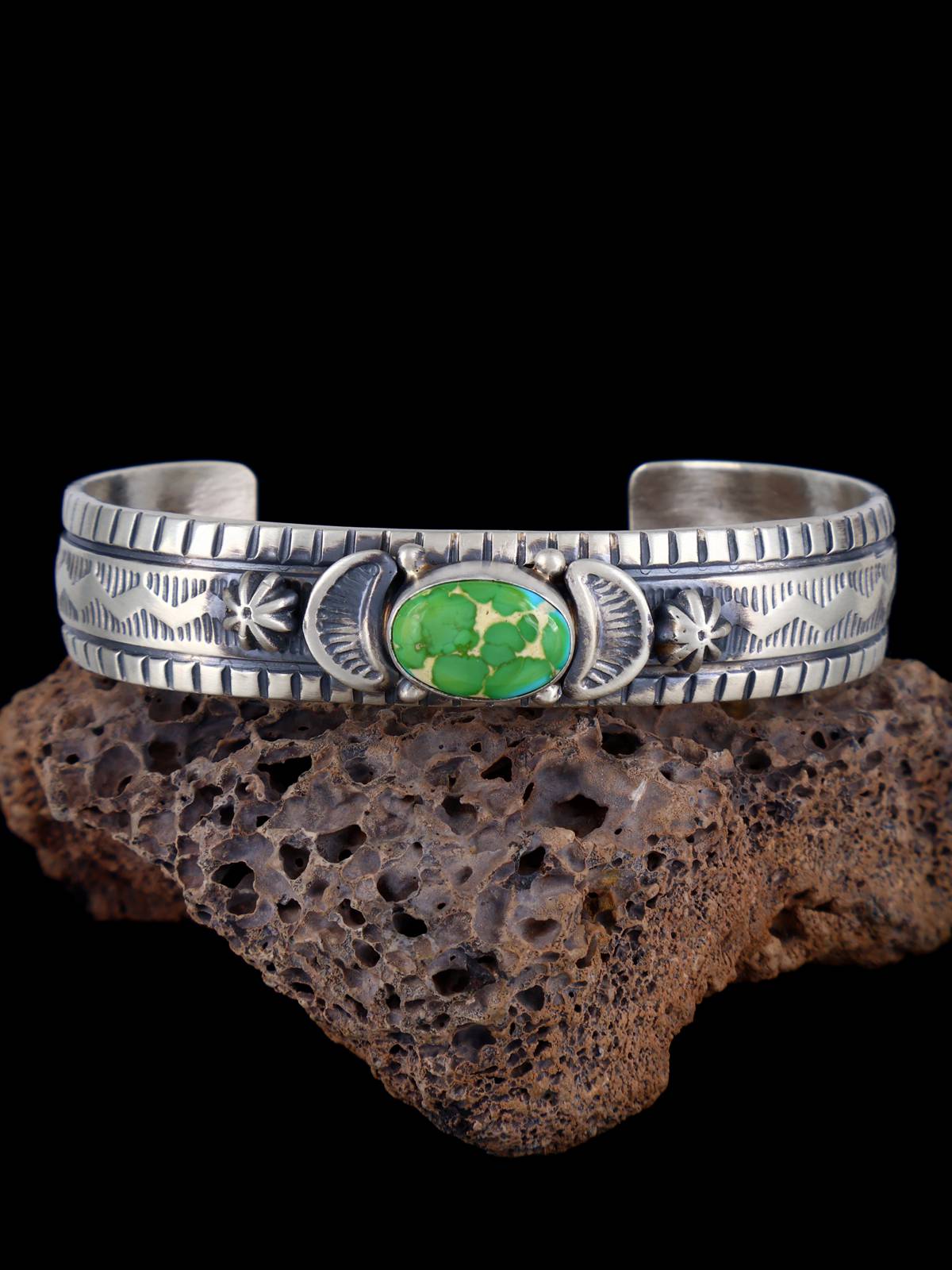 Native American Sonoran Gold Turquoise Stamped Cuff Bracelet - PuebloDirect.com