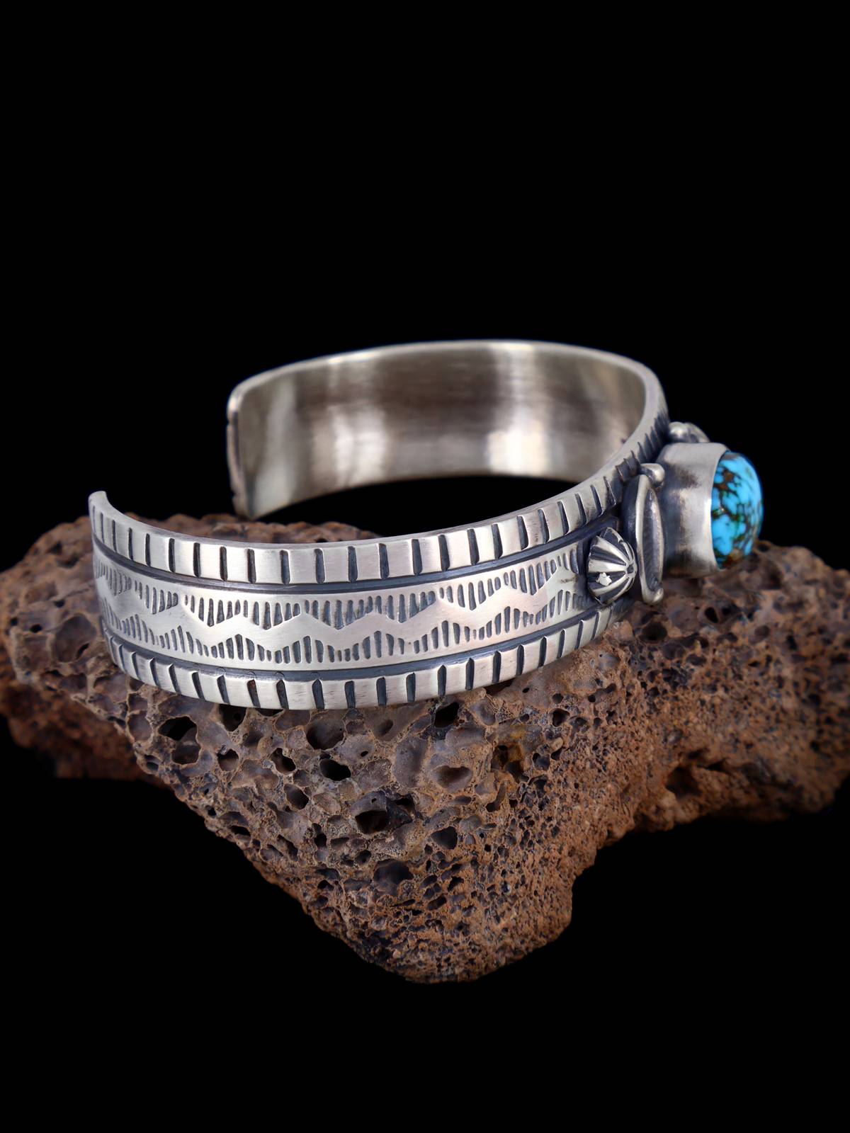 Native American Kingman Turquoise Stamped Cuff Bracelet - PuebloDirect.com