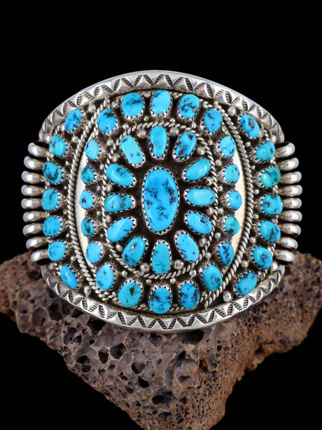 Estate Native American Turquoise Cluster Domed Sterling Silver Bracelet - PuebloDirect.com