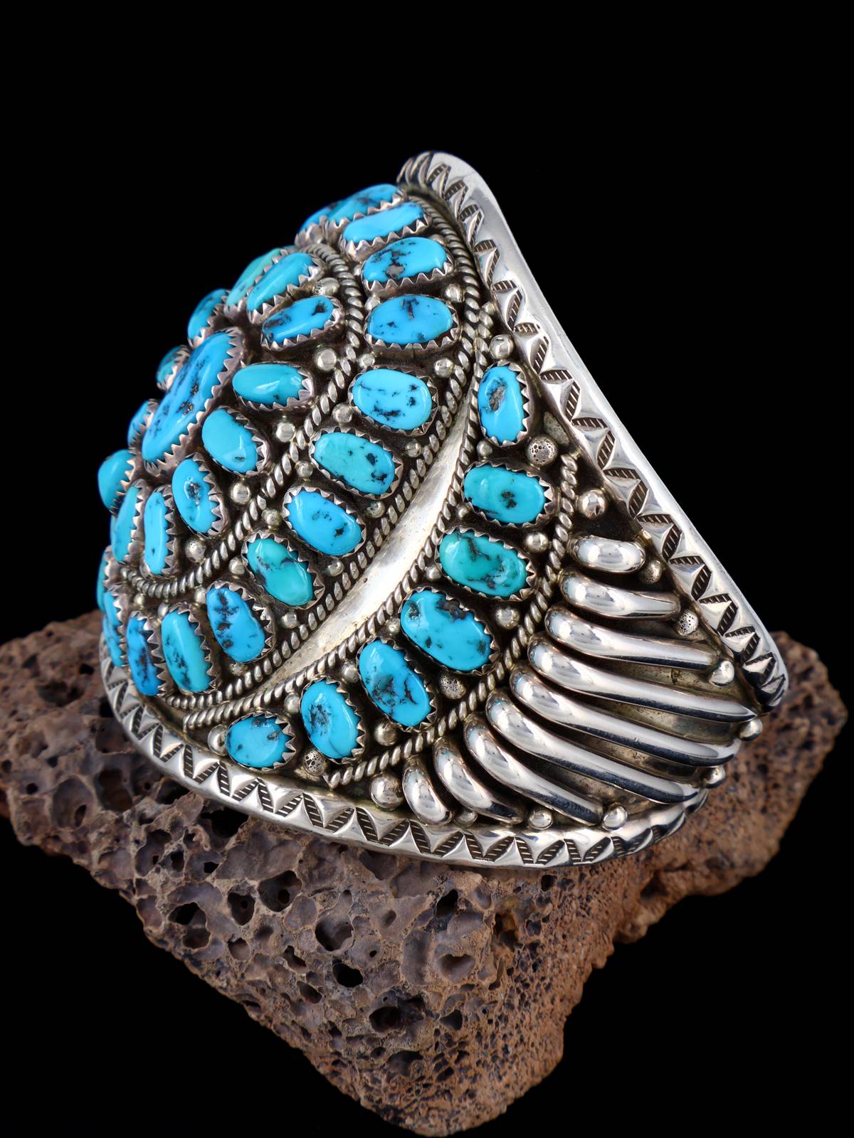 Estate Native American Turquoise Cluster Domed Sterling Silver Bracelet - PuebloDirect.com
