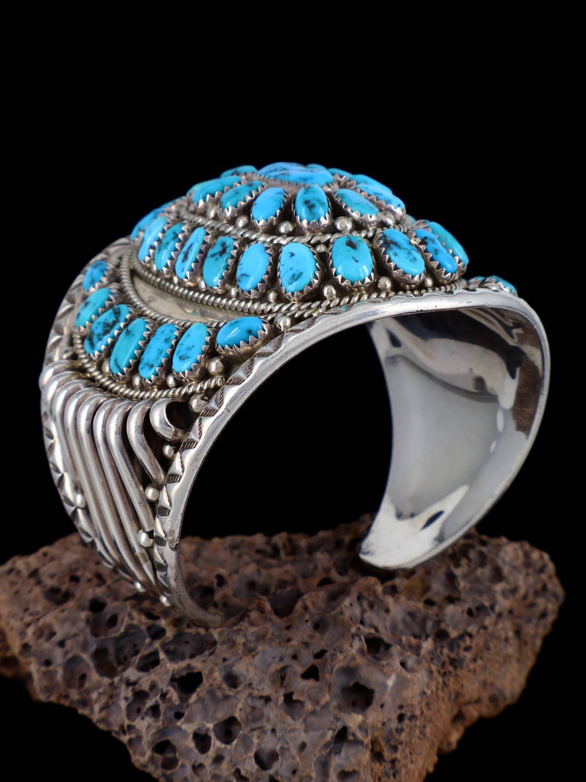 Estate Native American Turquoise Cluster Domed Sterling Silver Bracelet - PuebloDirect.com