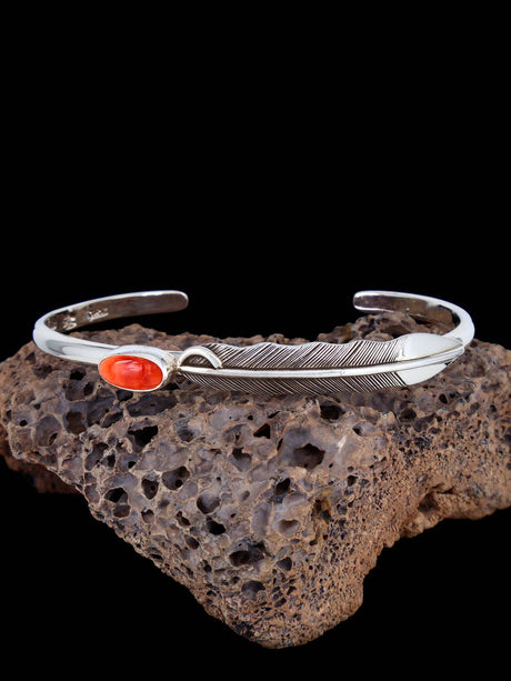 Native American Sterling Silver and Spiny Oyster Feather Bracelet - PuebloDirect.com