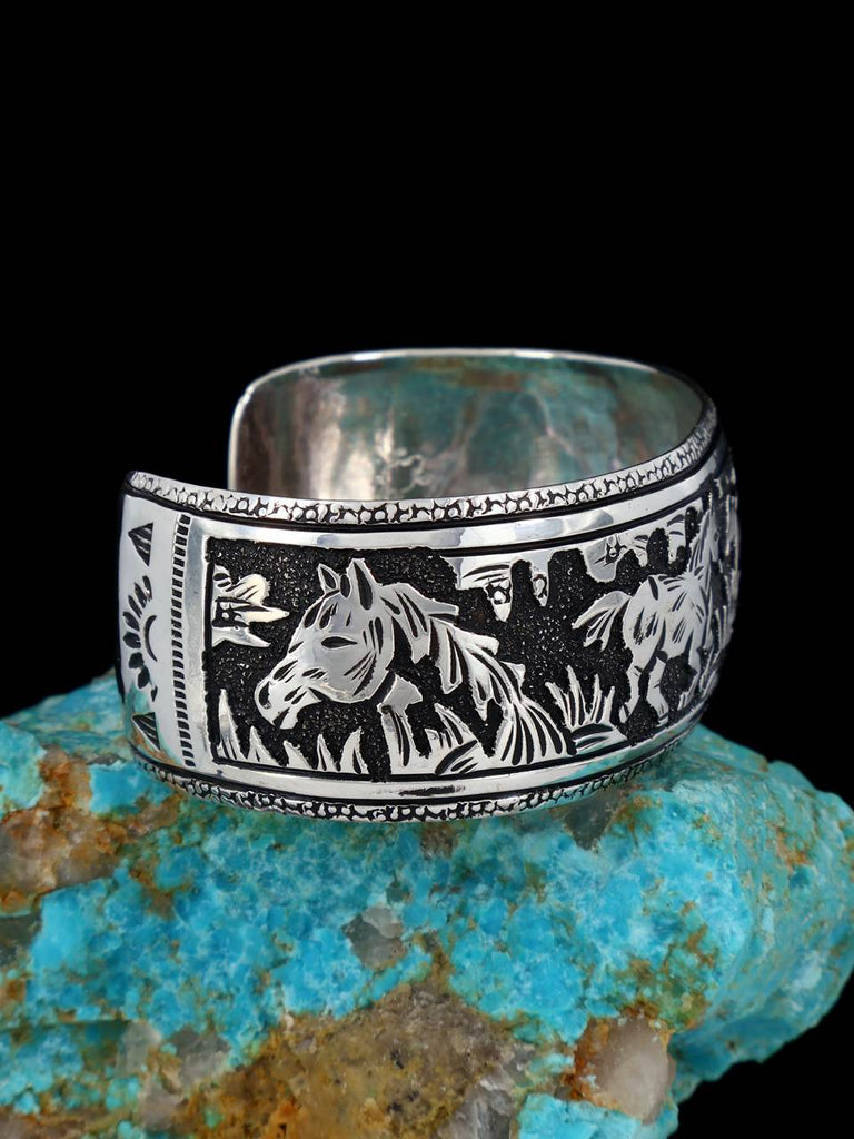 Native American Sterling Silver Horse Overlay Bracelet - PuebloDirect.com