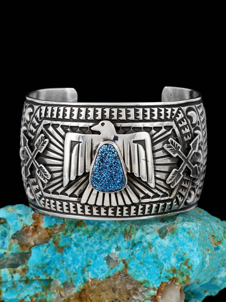Native American Kingman Turquoise Sterling Silver Thunderbird Cuff Bracelet - PuebloDirect.com