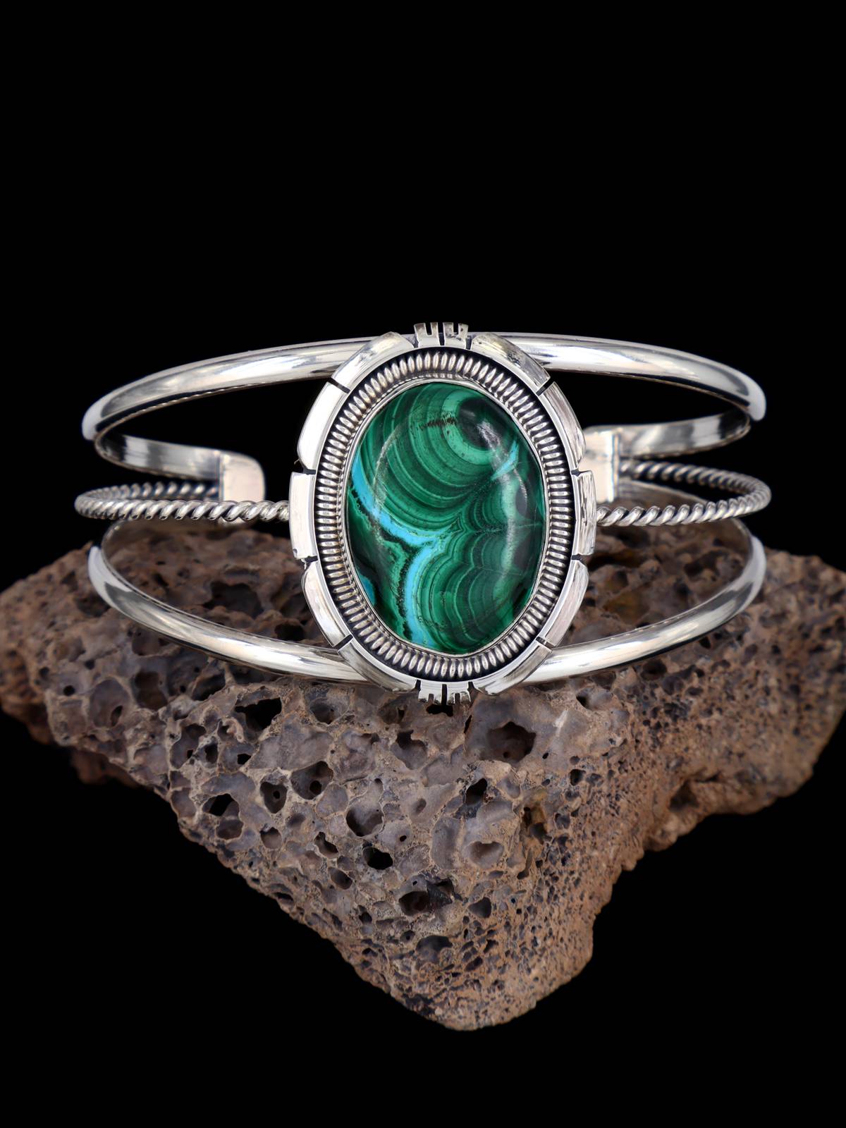 Navajo Sterling Silver Chrysocolla Malachite Cuff Bracelet - PuebloDirect.com