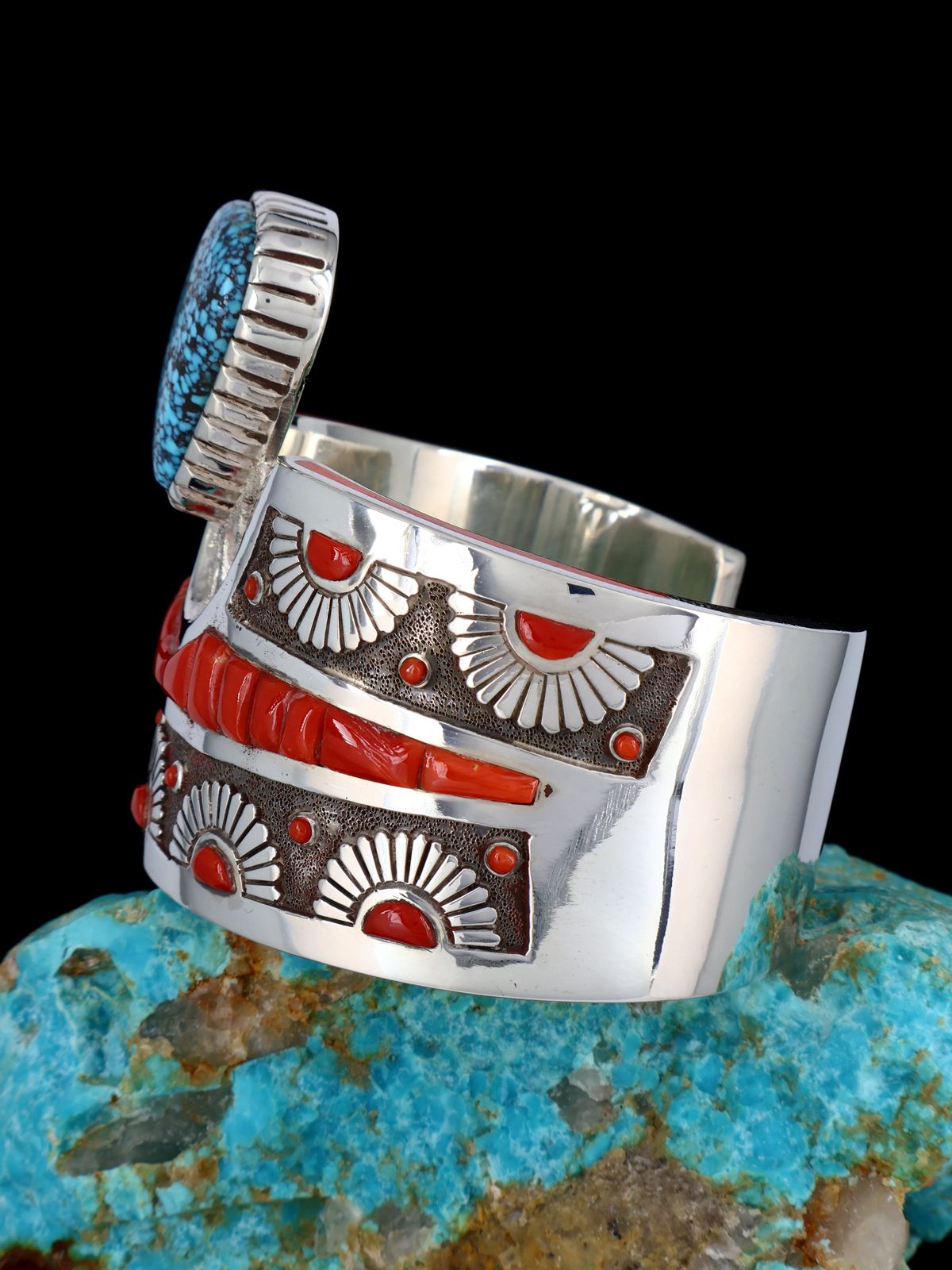 Native American Sterling Silver Kingman Turquoise and Coral Inlay
