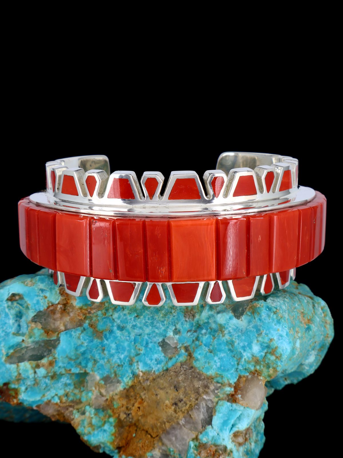 Native American Sterling Silver Coral Cobblestone Inlay Cuff Bracelet - PuebloDirect.com
