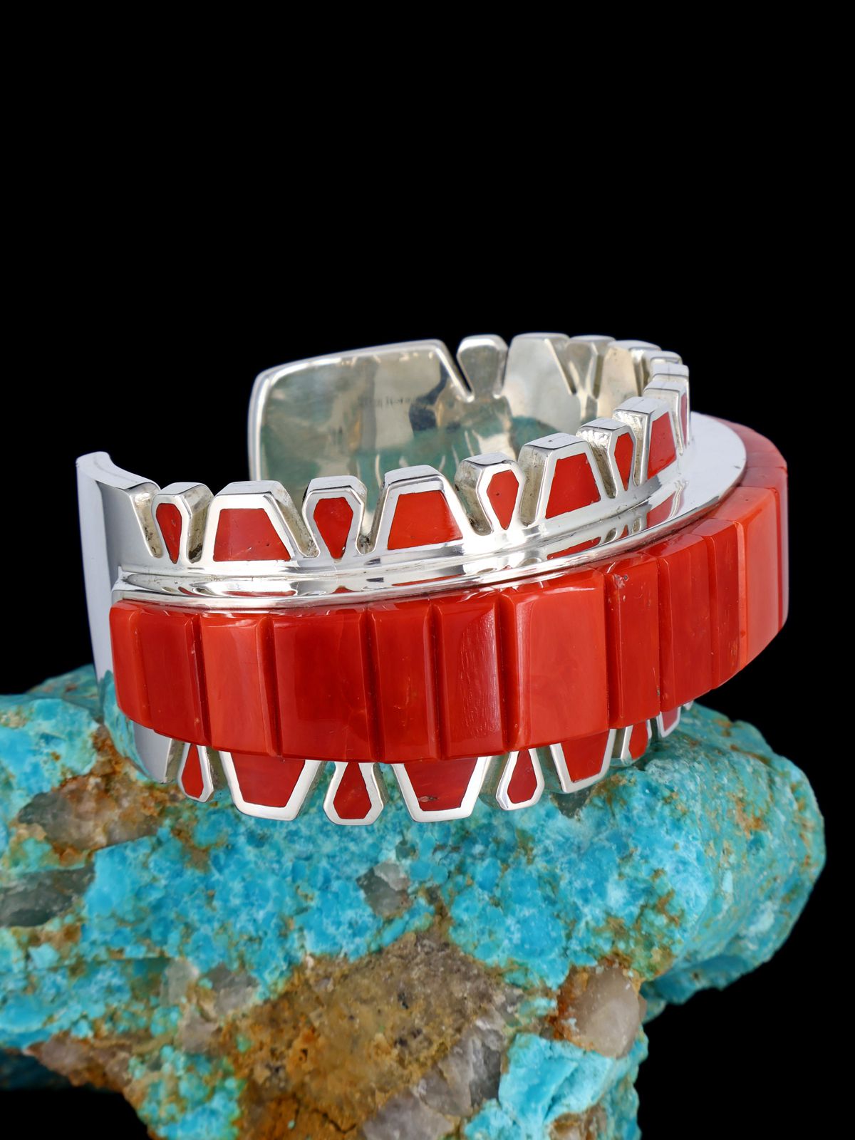 Native American Sterling Silver Coral Cobblestone Inlay Cuff