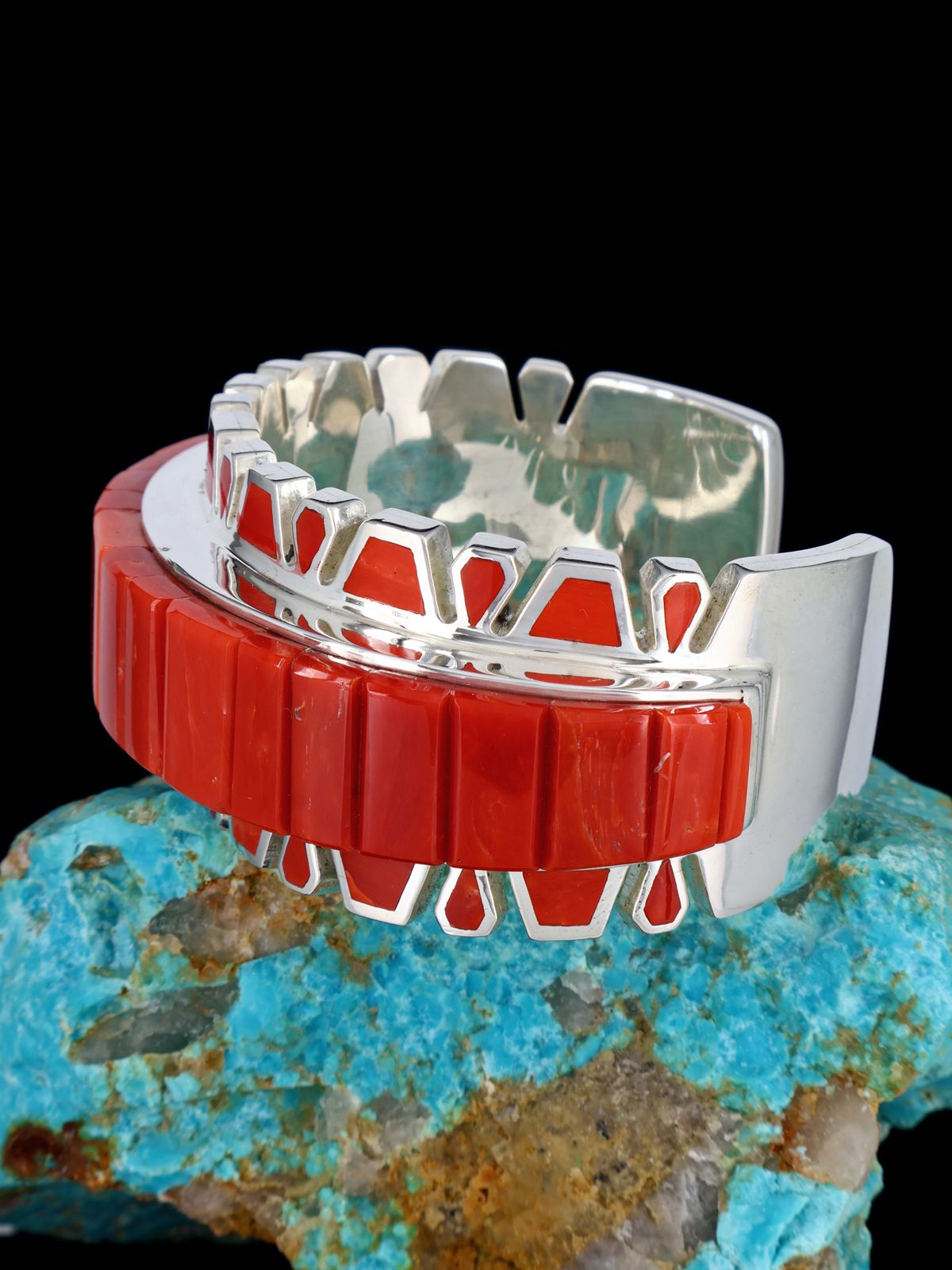 Native American Sterling Silver Coral Cobblestone Inlay Cuff Bracelet - PuebloDirect.com
