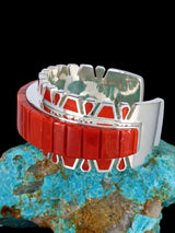 Native American Sterling Silver Coral Cobblestone Inlay Cuff Bracelet - PuebloDirect.com