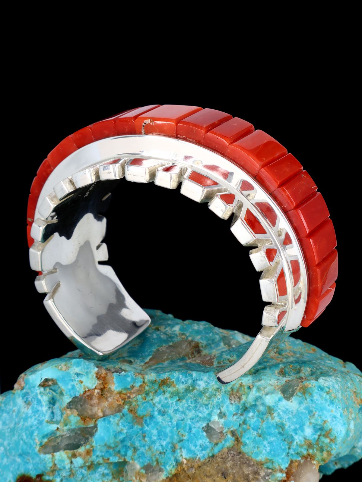 Native American Sterling Silver Coral Cobblestone Inlay Cuff Bracelet - PuebloDirect.com