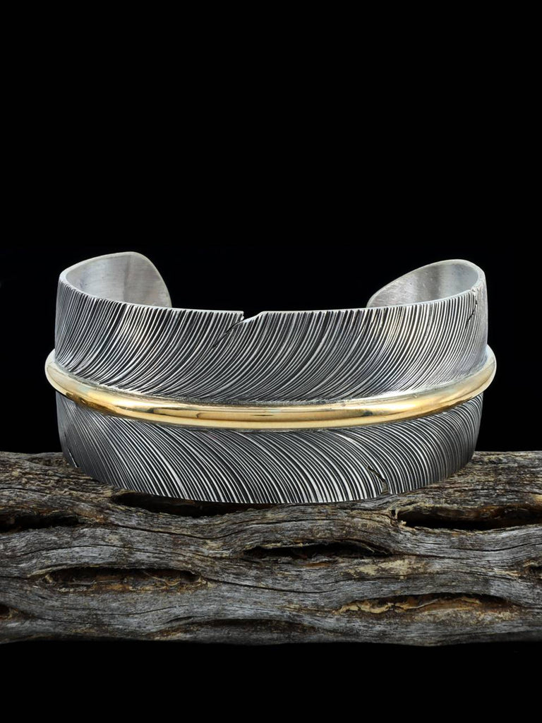 Navajo Hand Cut Gold and Sterling Silver Feather Bracelet - PuebloDirect.com