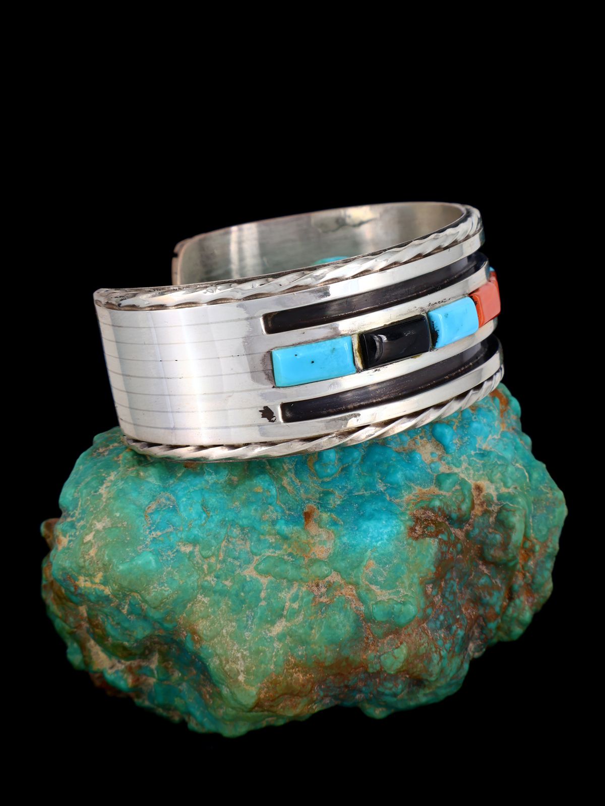 Estate Vintage Native American Sterling Silver Inlay Cuff Bracelet - PuebloDirect.com
