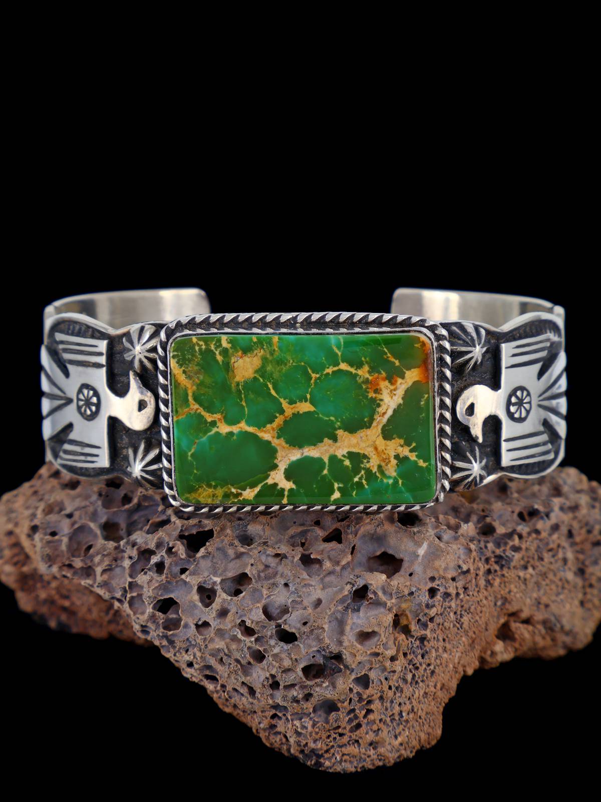 Navajo Jewelry Sterling Silver Natural Royston Turquoise Thunderbird Cuff Bracelet