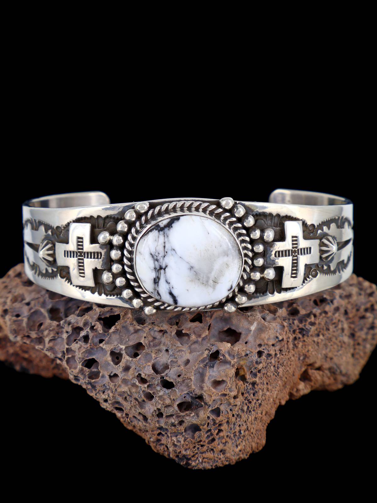 Navajo Sterling Silver White Buffalo Cross Cuff Bracelet