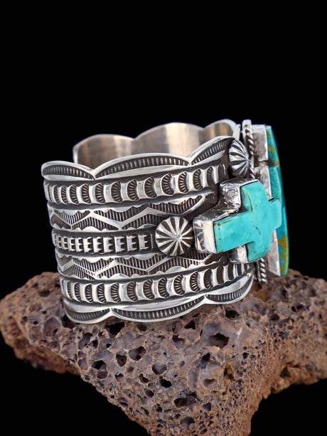 Navajo Jewelry Sterling Silver Kingman Turquoise Cross Bracelet