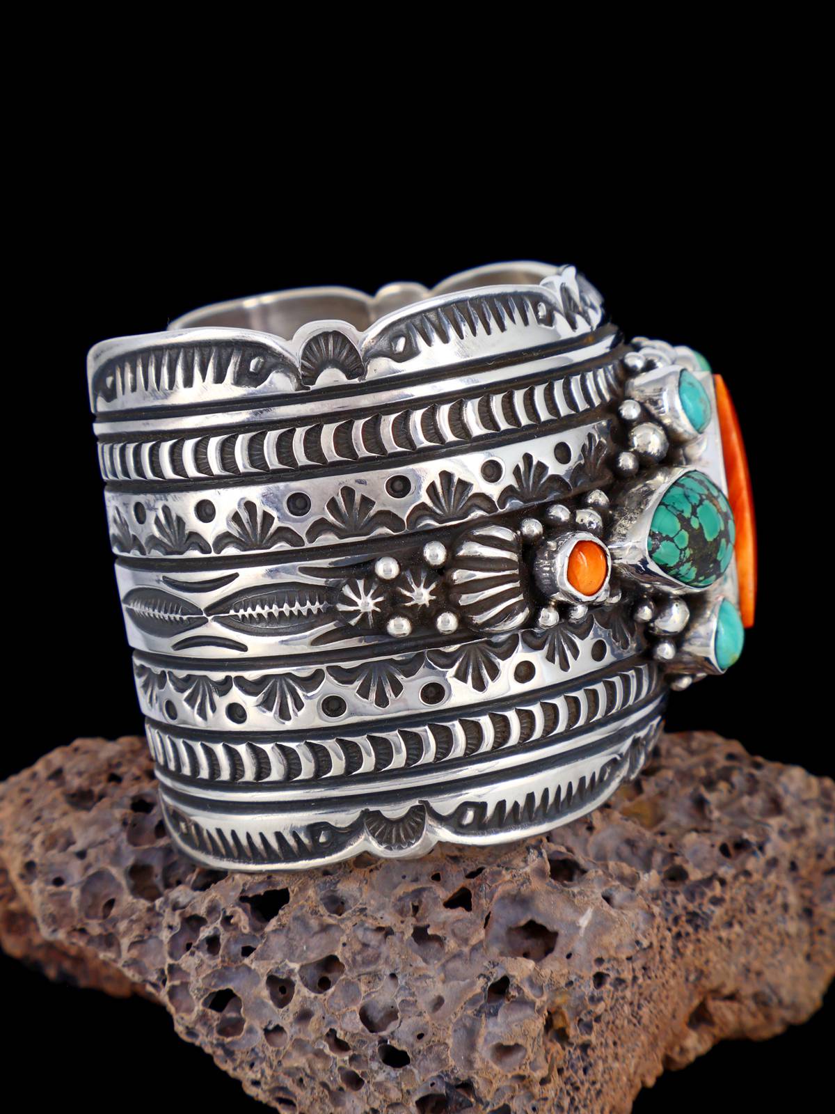 Navajo Sterling Silver Spiny Oyster and Hubei Turquoise Cuff Bracelet