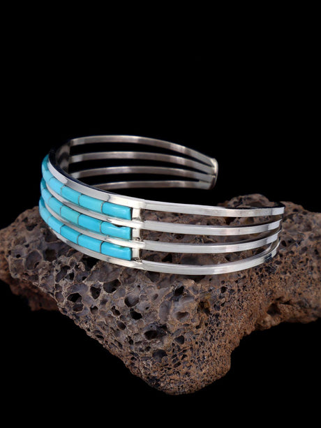 Native American Zuni Triple Row Turquoise Inlay Bracelet