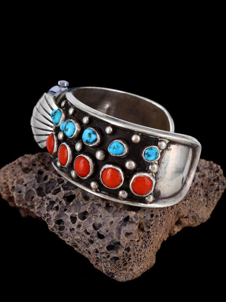 Vintage Old Turquoise and Coral Sterling Silver Cuff Watch