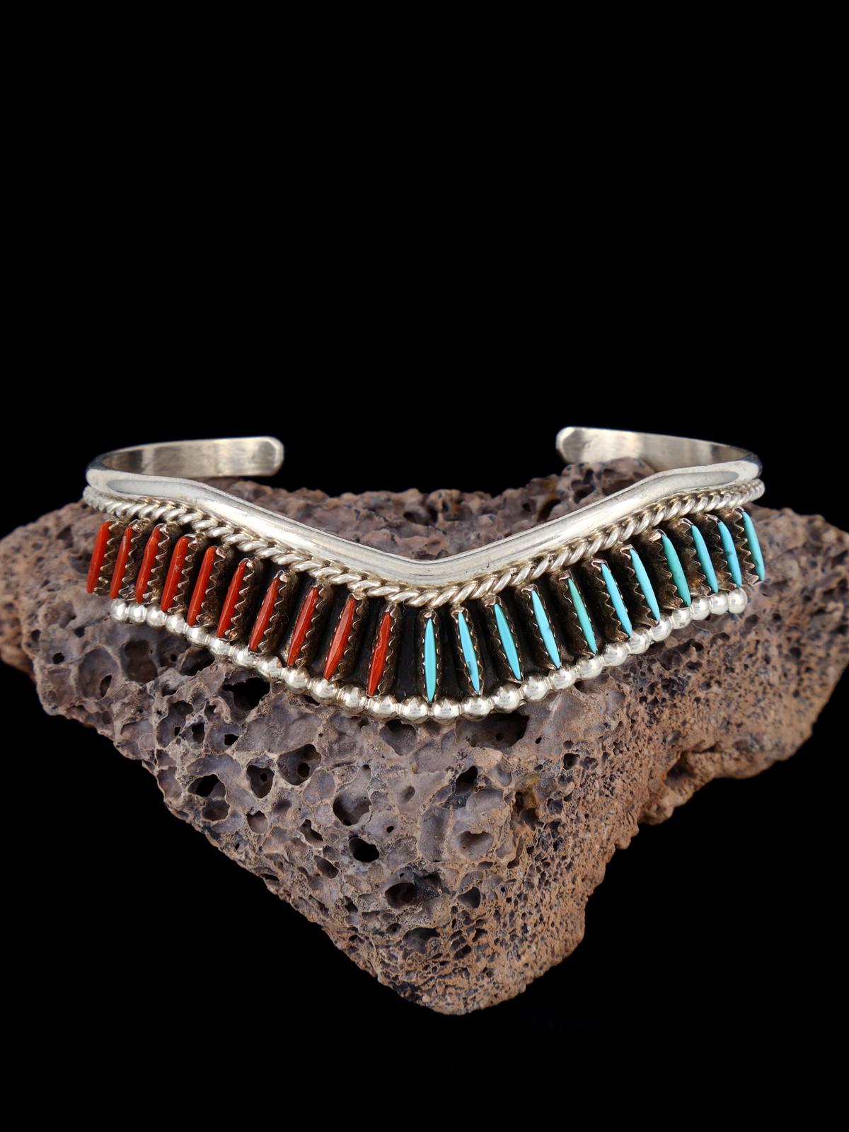 Sterling Silver Turquoise and Coral Zuni Needlepoint Bracelet