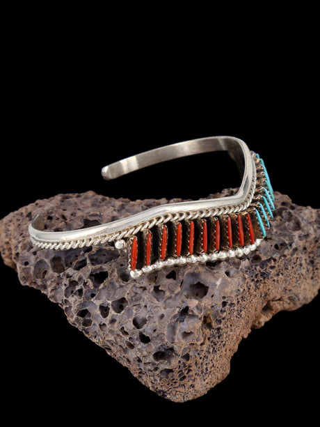 Sterling Silver Turquoise and Coral Zuni Needlepoint Bracelet