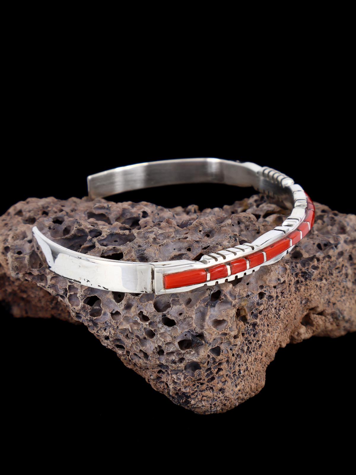 Single Row Sterling Silver Zuni Coral Inlay Bracelet
