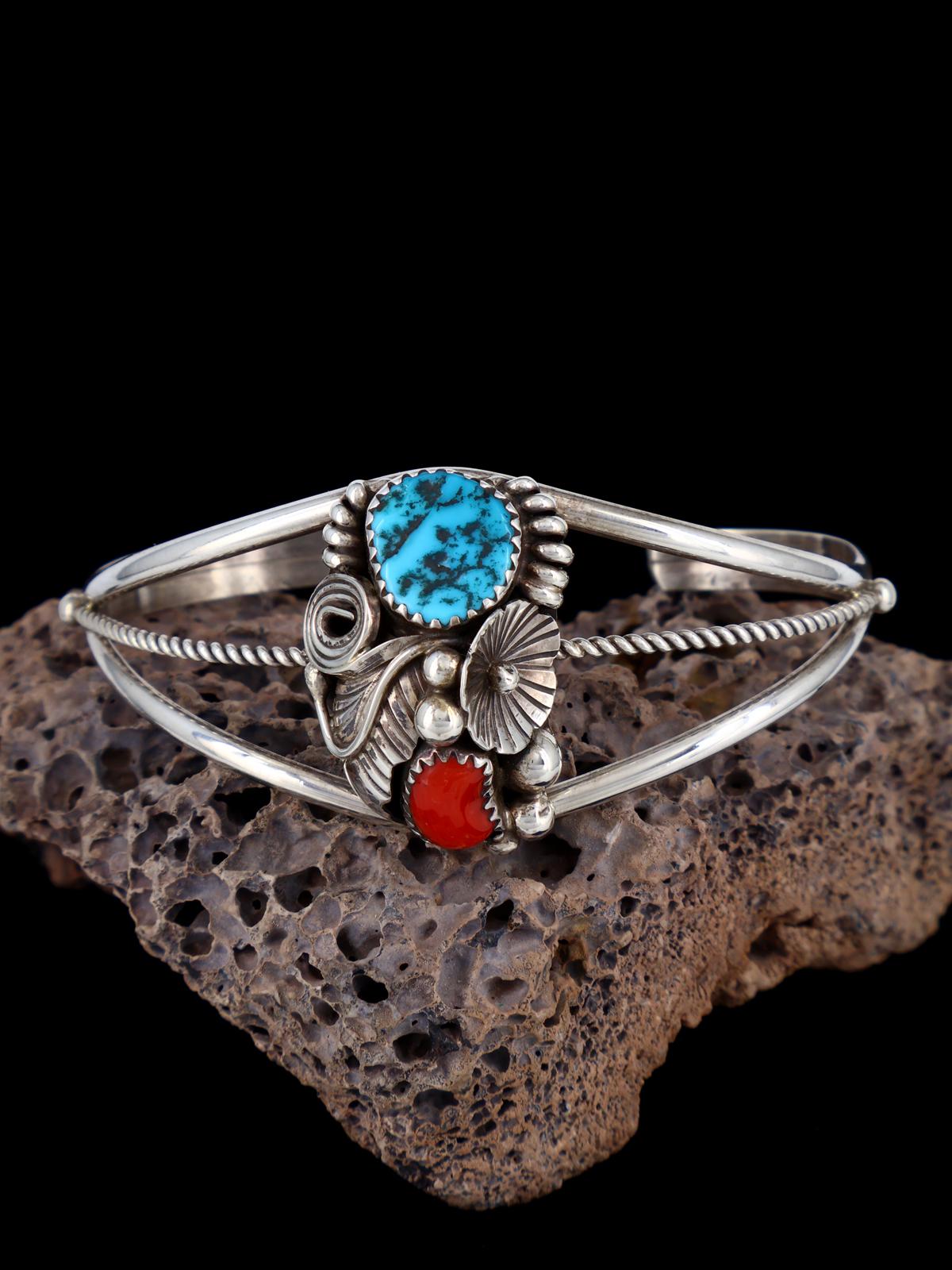 Bracelet manchette amérindien en argent sterling turquoise et corail