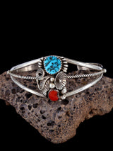 Bracelet manchette amérindien en argent sterling turquoise et corail