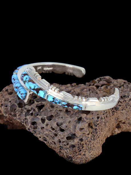 Native American Kingman Turquoise Cobblestone Inlay Bracelet - PuebloDirect.com