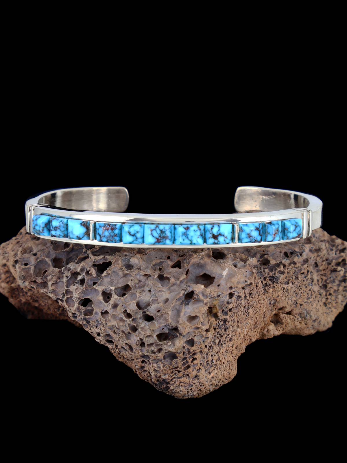 Native American Kingman Turquoise Cobblestone Inlay Bracelet - PuebloDirect.com