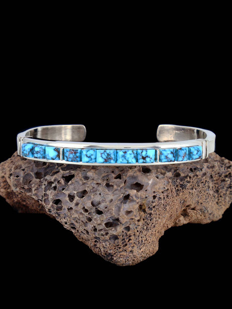 Native American Kingman Turquoise Cobblestone Inlay Bracelet - PuebloDirect.com