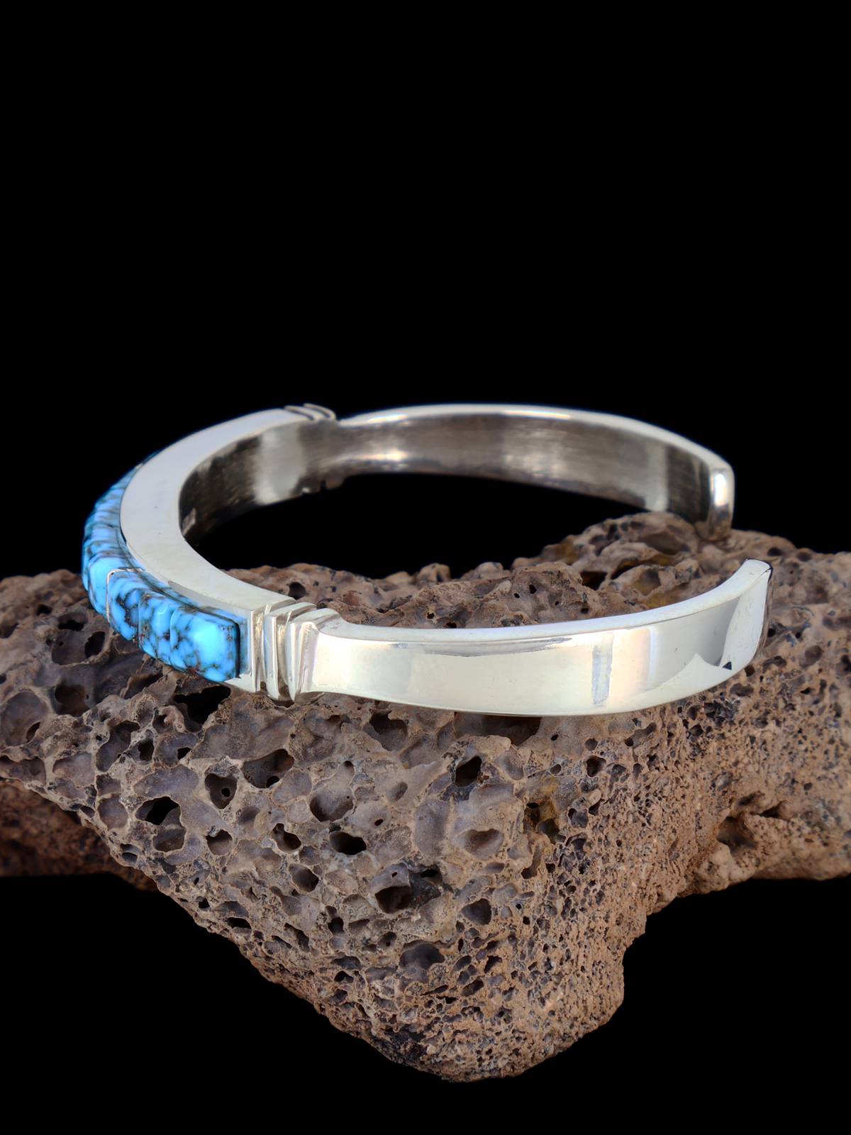 Native American Kingman Turquoise Cobblestone Inlay Bracelet - PuebloDirect.com