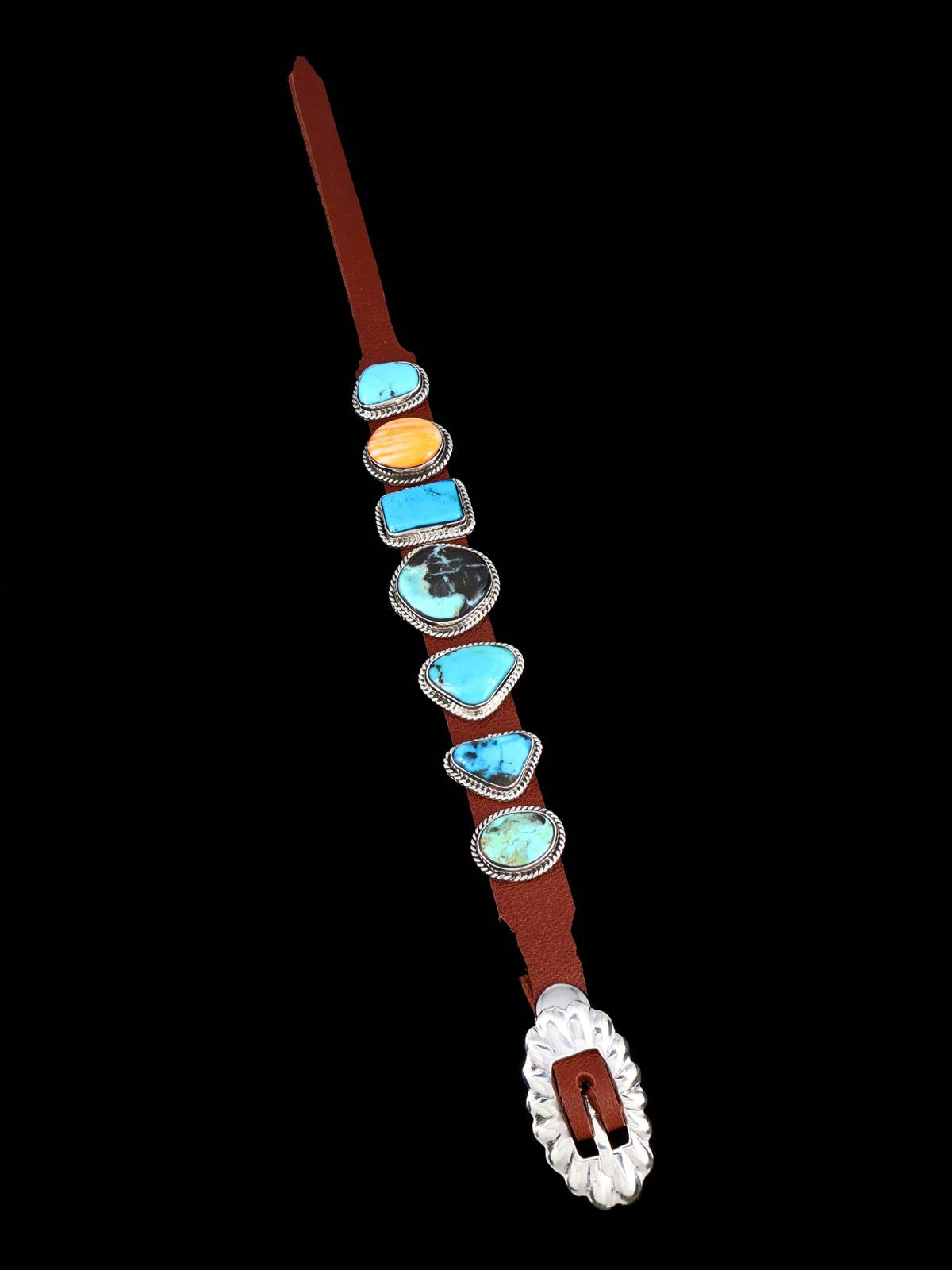 Native American Turquoise and Spiny Oyster Leather Band Bracelet