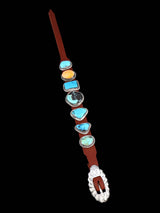 Native American Turquoise and Spiny Oyster Leather Band Bracelet