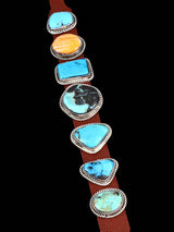 Native American Turquoise and Spiny Oyster Leather Band Bracelet