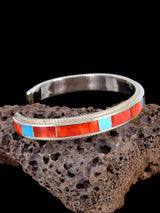 Sterling Silver Zuni Spiny Oyster and Turquoise Inlay Cuff Bracelet