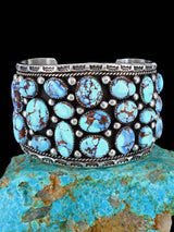 Navajo Natural Golden Hill Turquoise Cluster Sterling Silver Cuff Bracelet