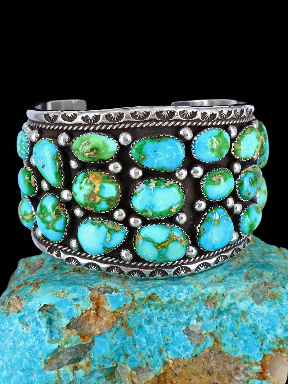 Navajo Sonoran Gold Turquoise Cluster Sterling Silver Cuff Bracelet