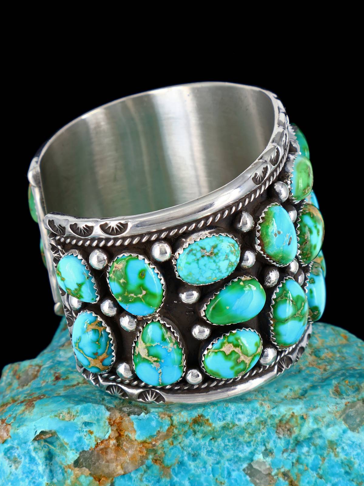 Navajo Sonoran Gold Turquoise Cluster Sterling Silver Cuff Bracelet