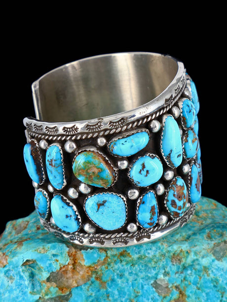 Navajo Kingman Turquoise Cluster Sterling Silver Cuff Bracelet