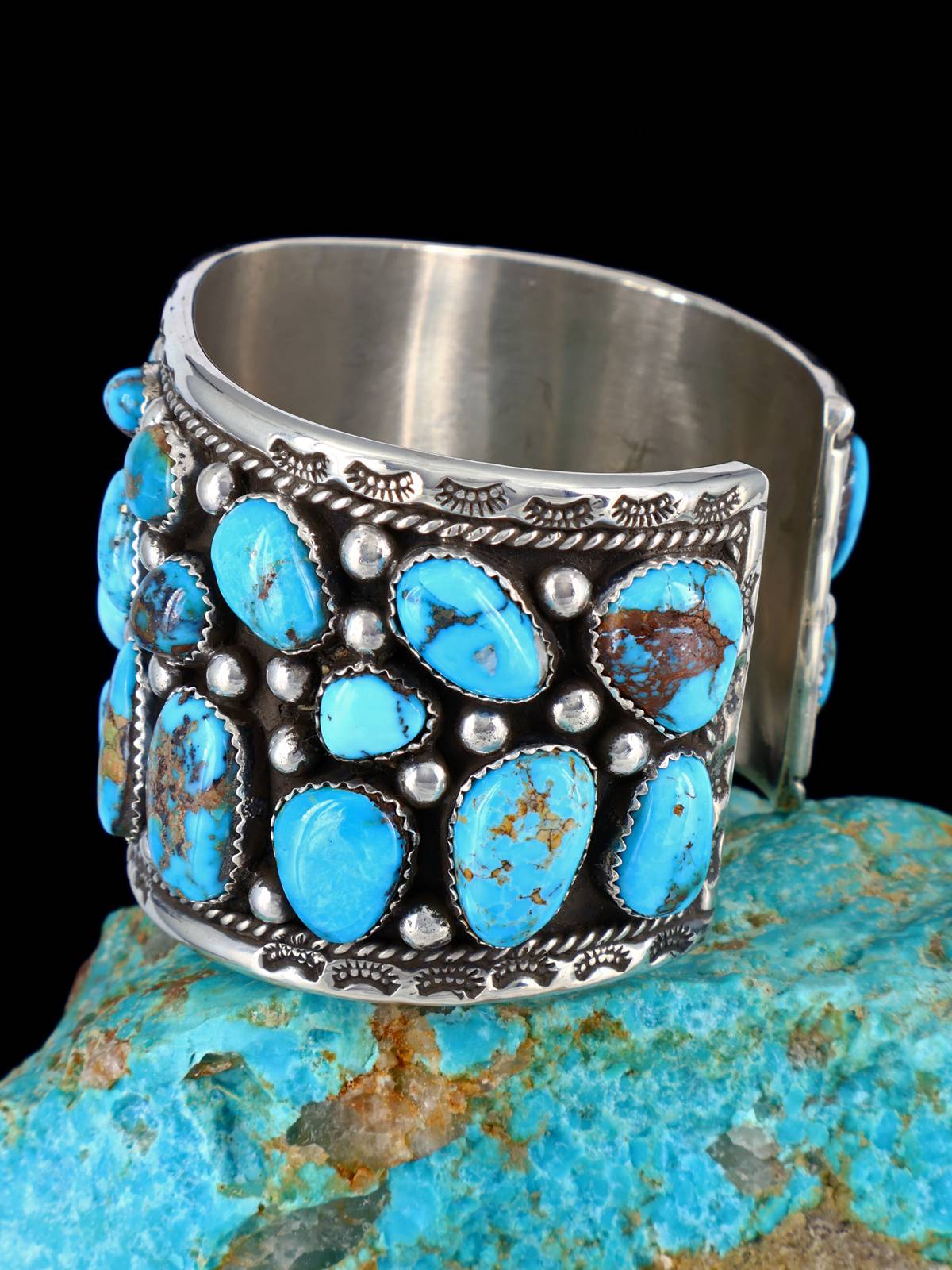 Navajo Kingman Turquoise Cluster Sterling Silver Cuff Bracelet
