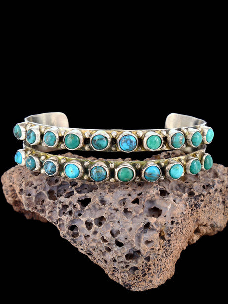 Navajo Sterling Silver Double Row Turquoise Cuff Bracelet - PuebloDirect.com