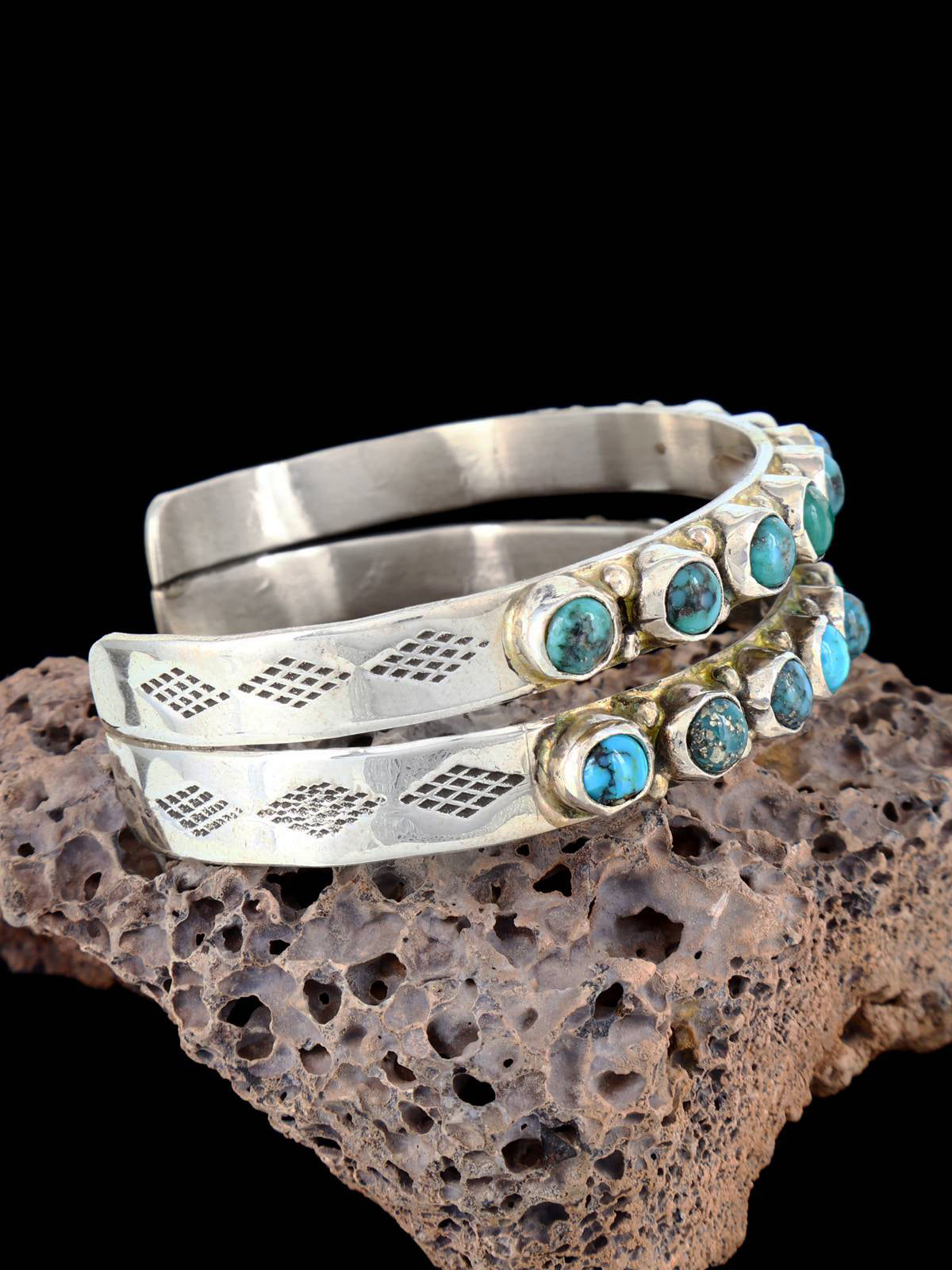 Navajo Sterling Silver Double Row Turquoise Cuff Bracelet - PuebloDirect.com