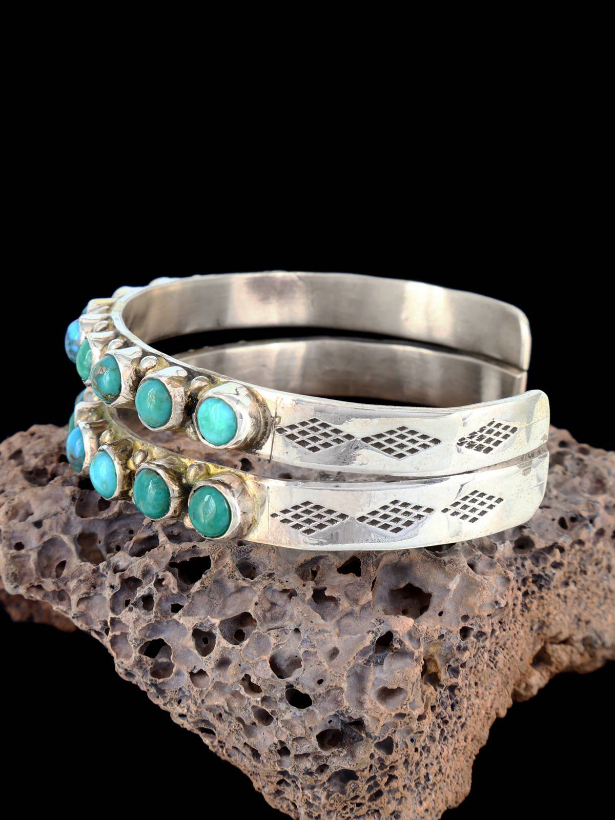 Navajo Sterling Silver Double Row Turquoise Cuff Bracelet - PuebloDirect.com
